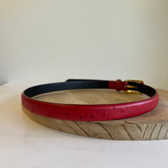 Vintage 90s Red Genuine Italian Leather Thin Skinny Gold Buckle Belt Size Small - Picture 2 of 11